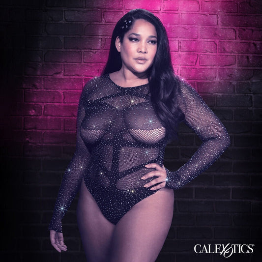 Radiance Glitter Strass Langarm-Bodysuit Plus Size